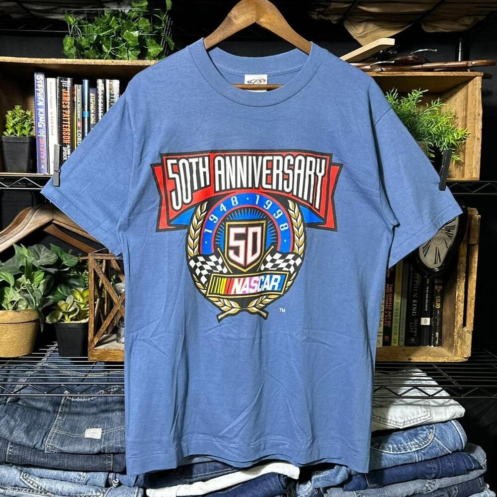 Vintage 90s Single Stitch NASCAR 50th Anniversary Tee Blue Racing Shirt Large